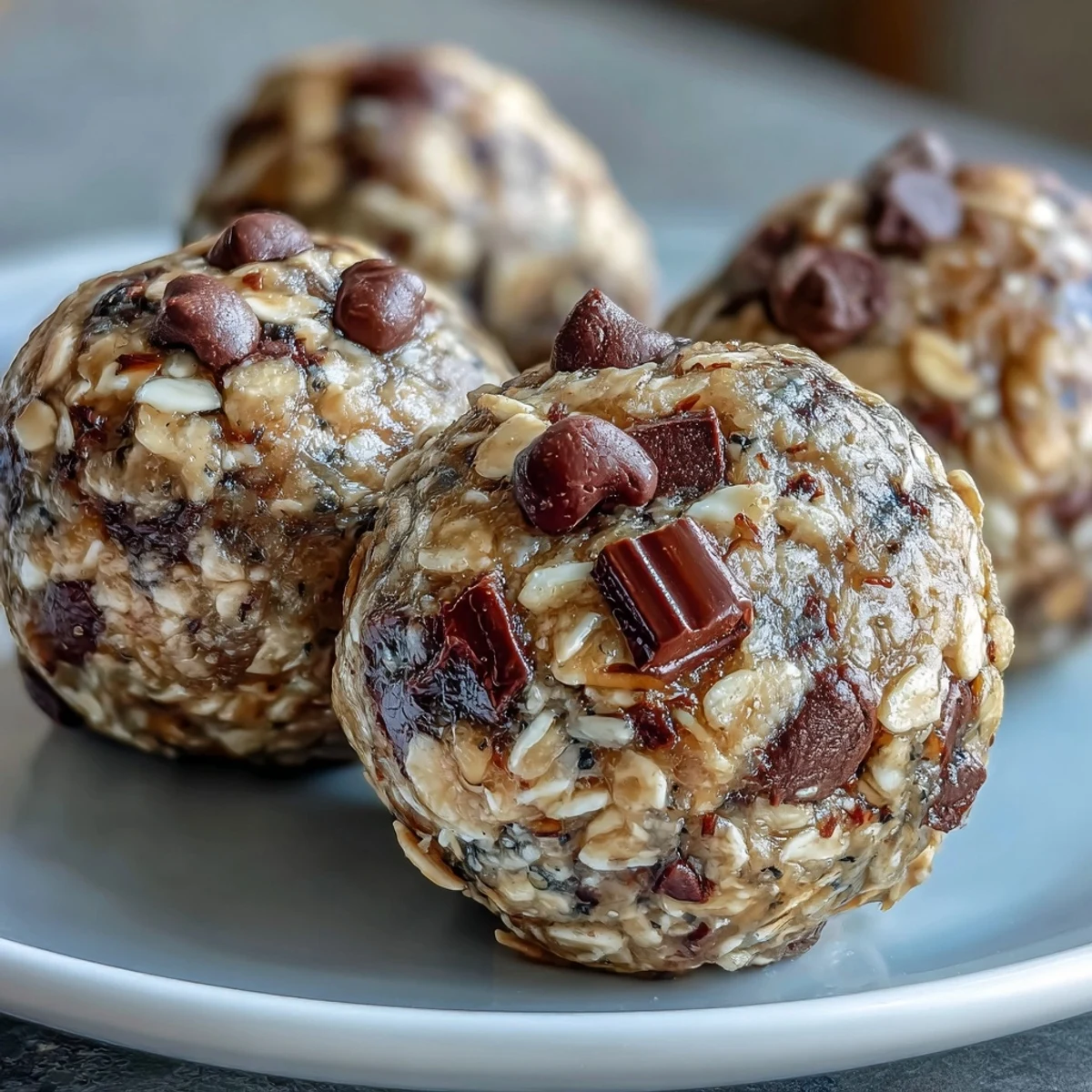 Close-up of Banana Chocolate Chip Energy Balls on a rustic wooden board, showcasing the rolled oats and mini chocolate chips.