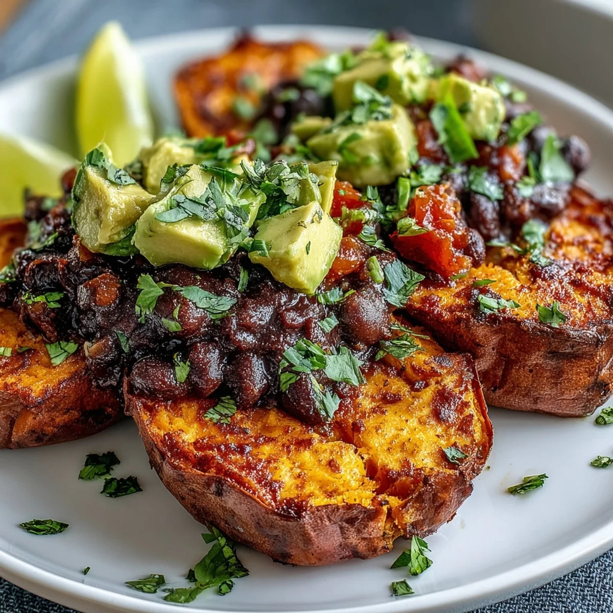 Golden roasted sweet potatoes split open to reveal fluffy flesh, topped with smoky chipotle black beans and fresh zesty tomato salsa.  