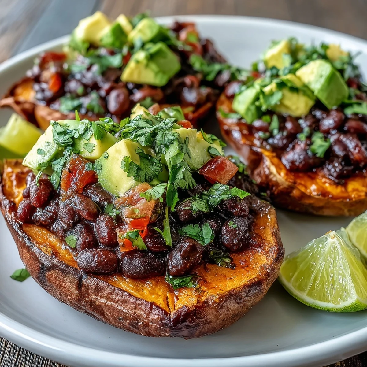 A vibrant plate of roasted sweet potatoes loaded with chipotle black beans, zesty tomato salsa, and cool avocado slices.  
