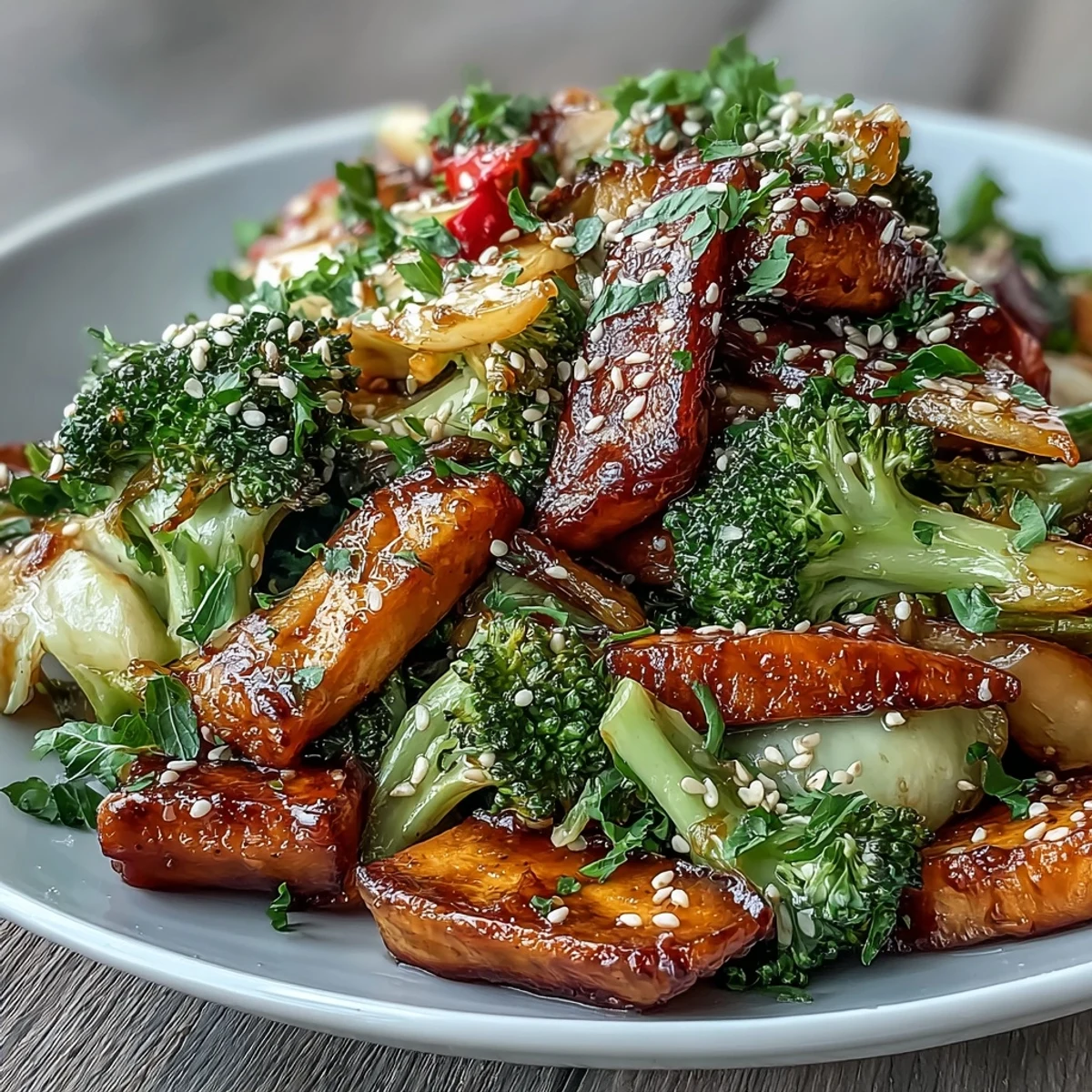 A vibrant bowl of Comforting Fermented Veggie Winter Stir-Fry features crisp broccoli, carrots, and kimchi tossed in savory sesame sauce.