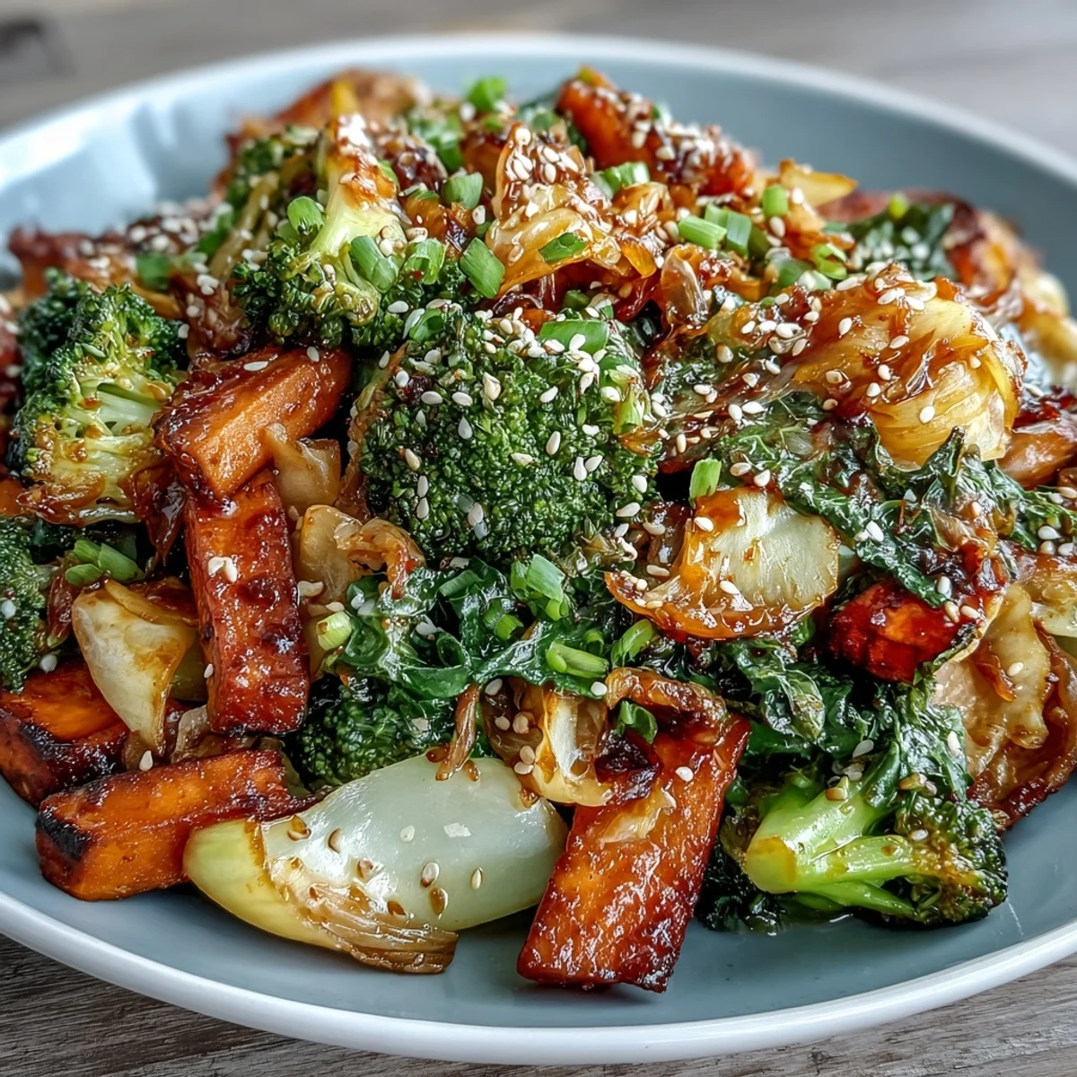 Hearty winter vegetables in this Comforting Fermented Veggie Winter Stir-Fry are sautéed with ginger and garlic, then topped with crunchy sesame seeds.