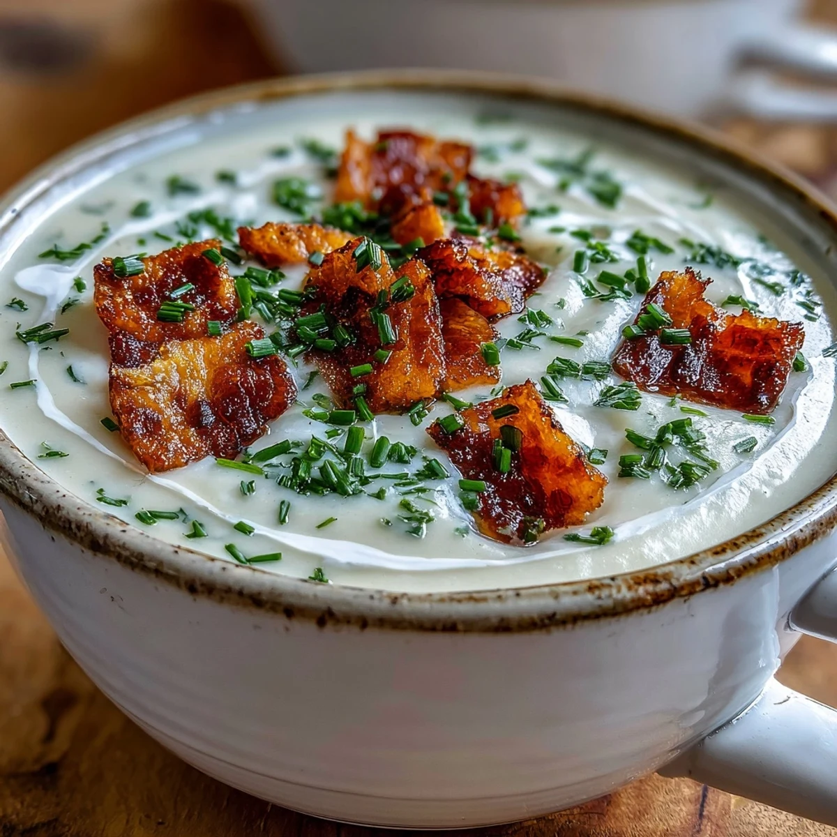 Creamy celeriac soup in a rustic bowl, topped with crunchy bacon crumbles and finely chopped chives.