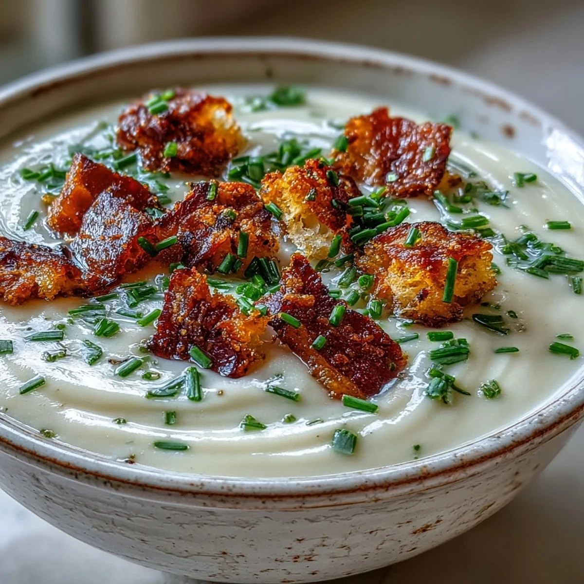A bowl of creamy celeriac soup, velvety and pale beige, garnished with crispy bacon and fresh chives.