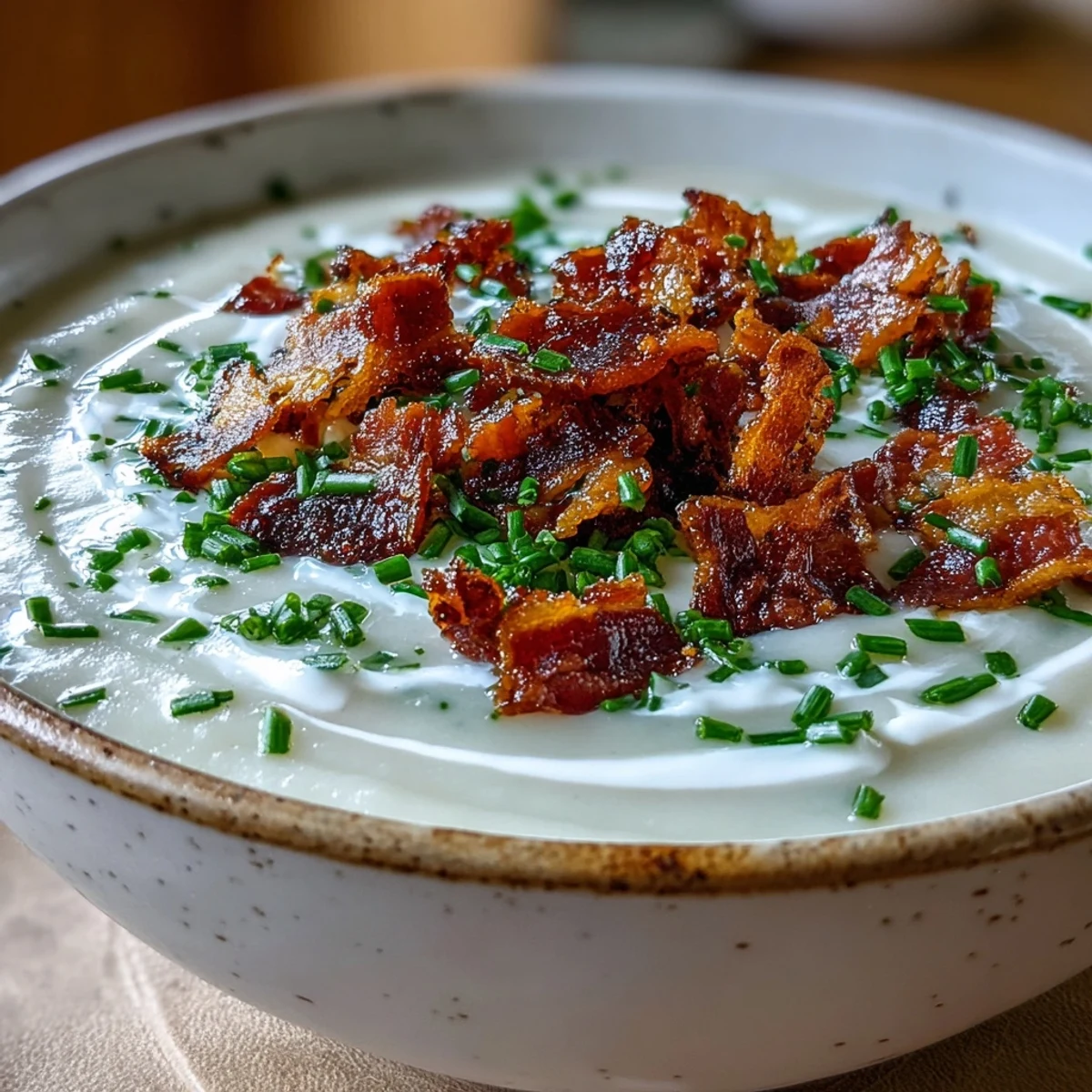 A steaming bowl of creamy celeriac soup featuring crispy bacon garnish, ready to serve with crusty bread.
