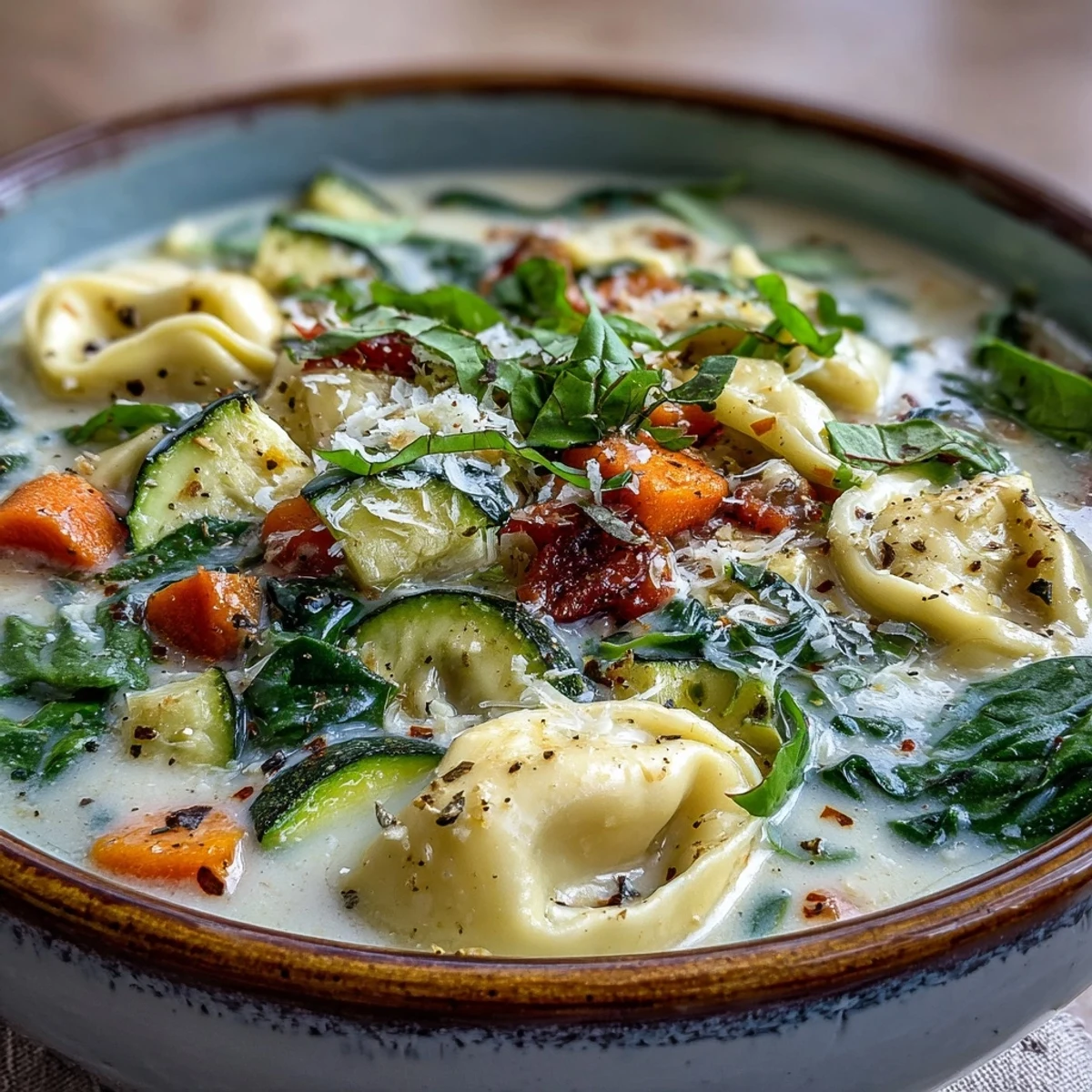 A bowl of creamy vegetable tortellini soup with vibrant spinach, carrots, and zucchini in a rich, savory broth, garnished with fresh basil and Parmesan.