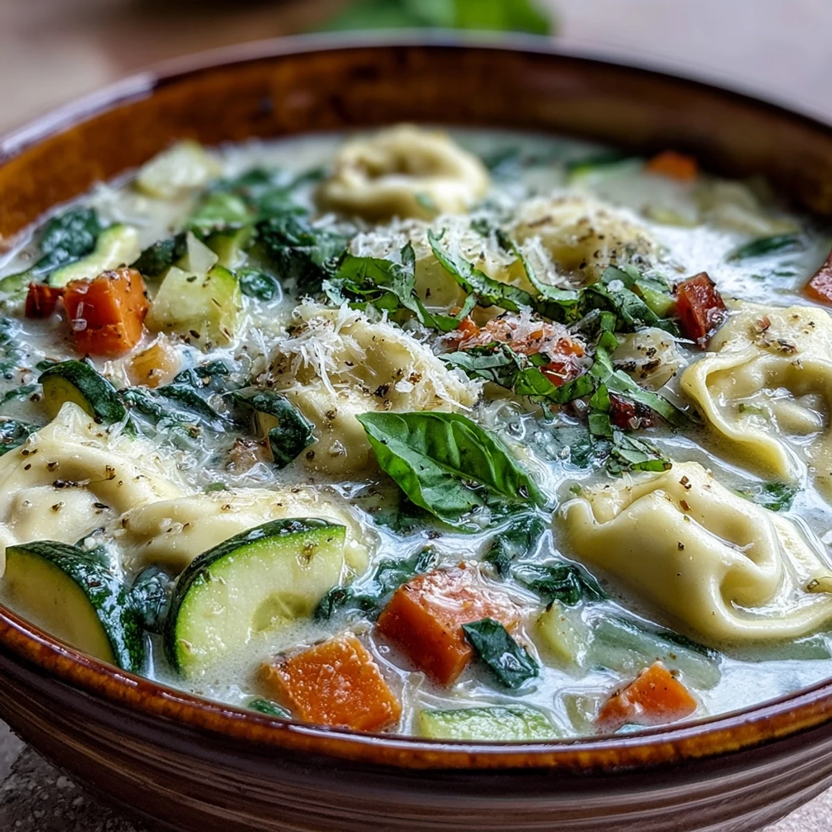 Close-up of homemade creamy vegetable tortellini soup, featuring tender cheese-filled tortellini and colorful vegetables steaming in a velvety broth.