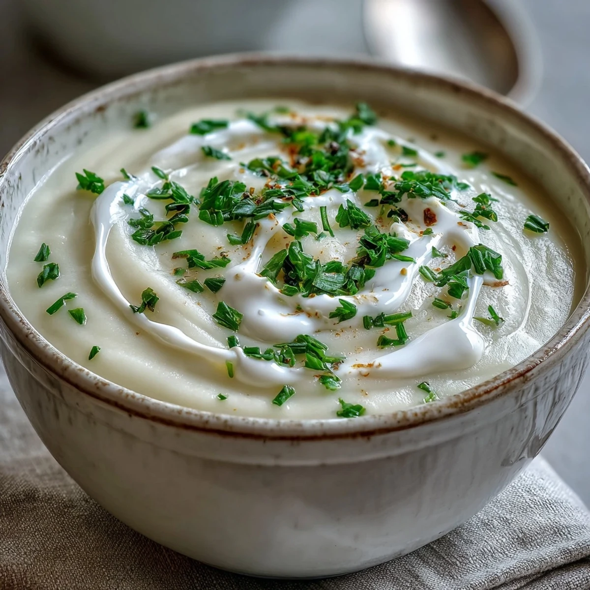 Creamy Celery Root Bisque poured into a white bowl, garnished with fresh chives and a swirl of heavy cream.  