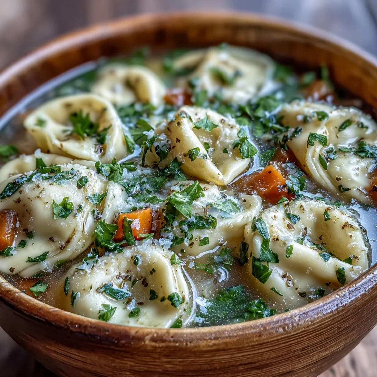 A pot of Easy Tortellini Soup with Chicken Broth simmers with tender tortellini, carrots, and wilted spinach, ready for ladling.