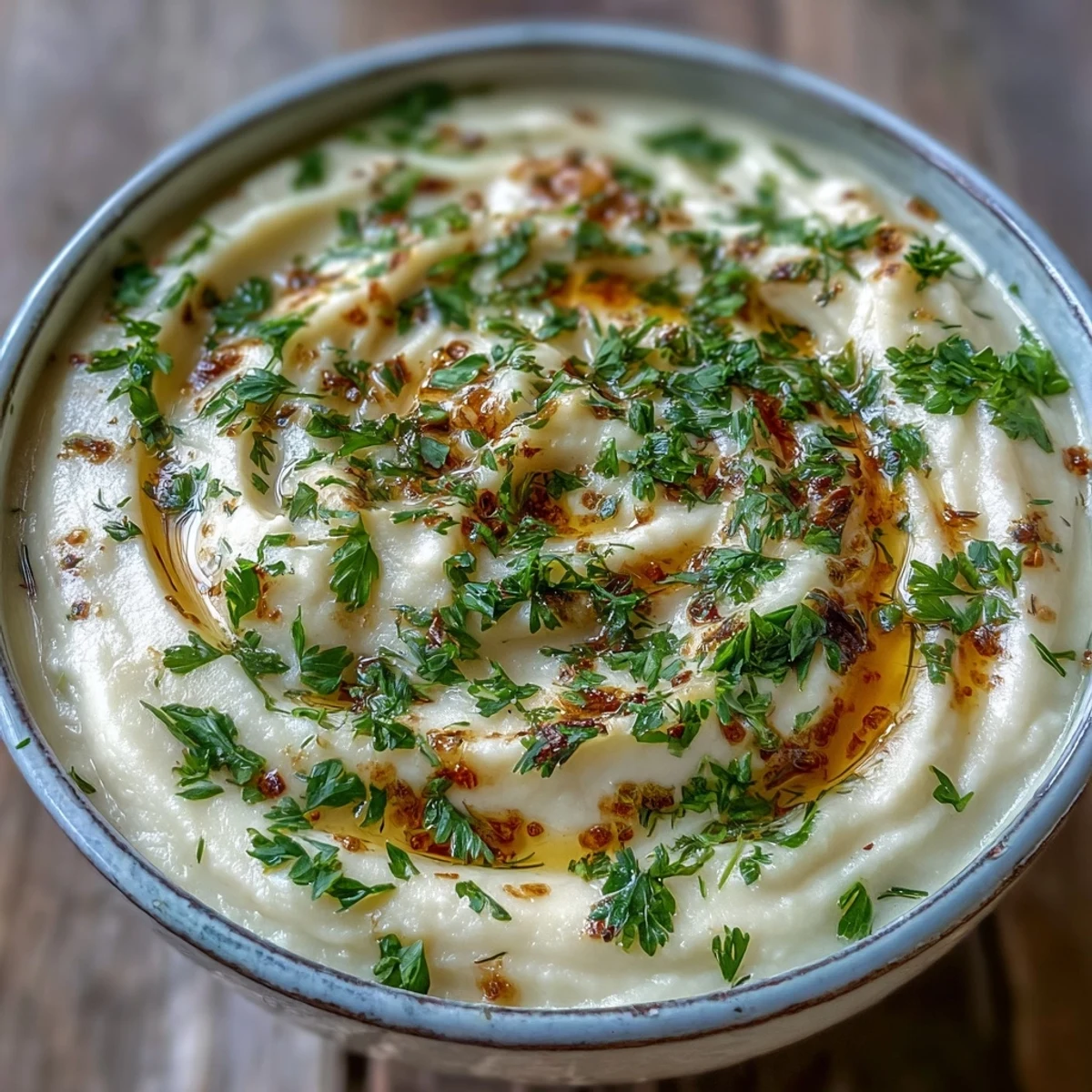 A bowl of creamy Parsnip and Herb Soup garnished with fresh parsley and chives beside crusty bread.  