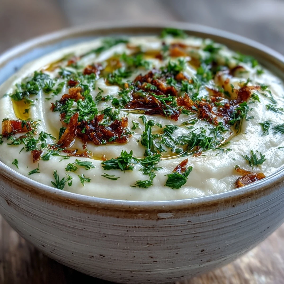 Hearty roasted Parsnip and Herb Soup served warm in a rustic bowl, garnished with fresh herbs and olive oil drizzle.  