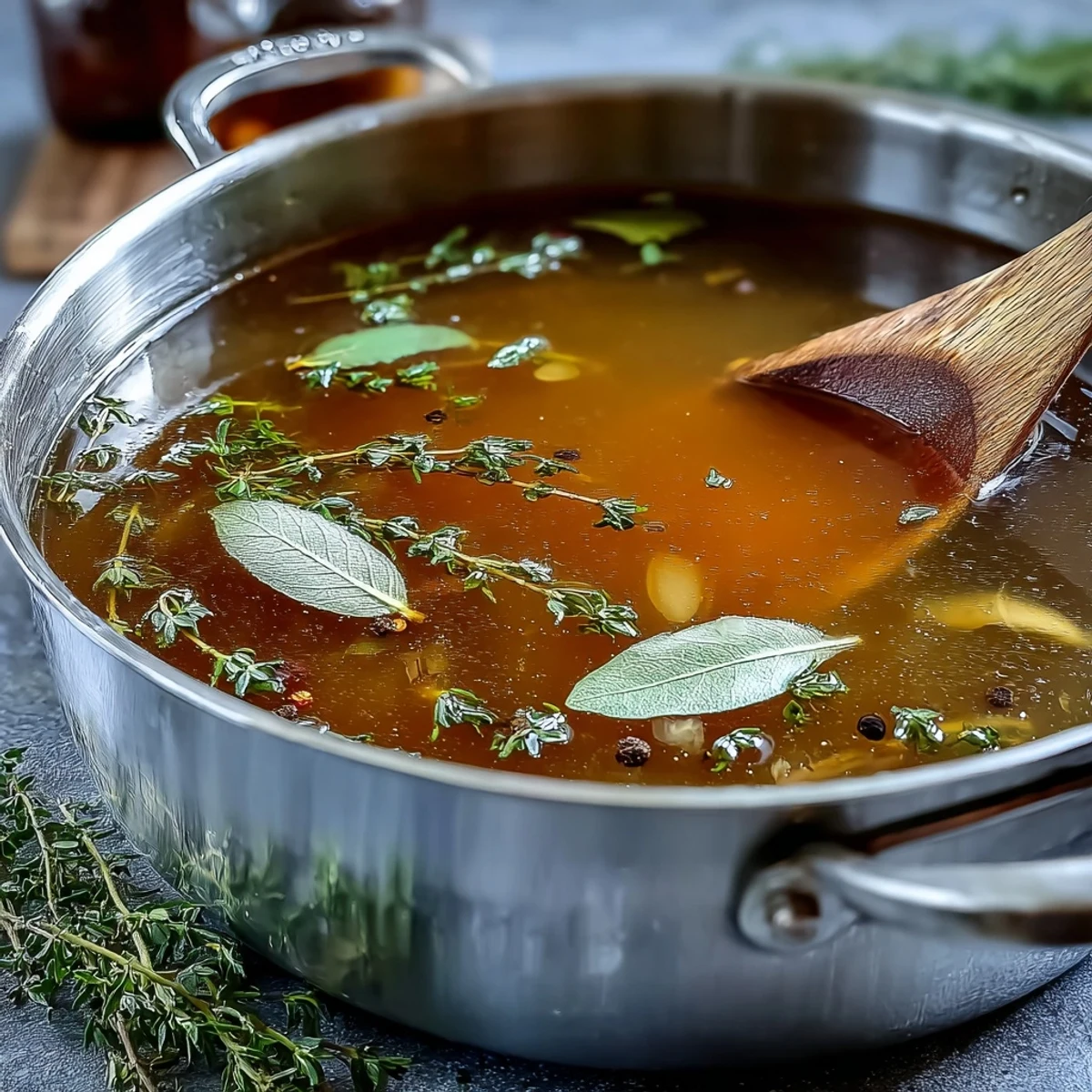 A bowl of homemade Vegetable Broth From Scraps garnished with parsley, surrounded by rustic bread and a spoon for a cozy serving suggestion.