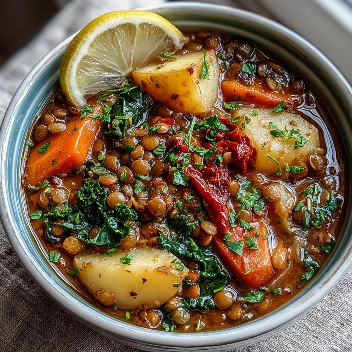 Steaming vegetarian lentil stew in a rustic bowl, garnished with fresh parsley and a lemon wedge.  