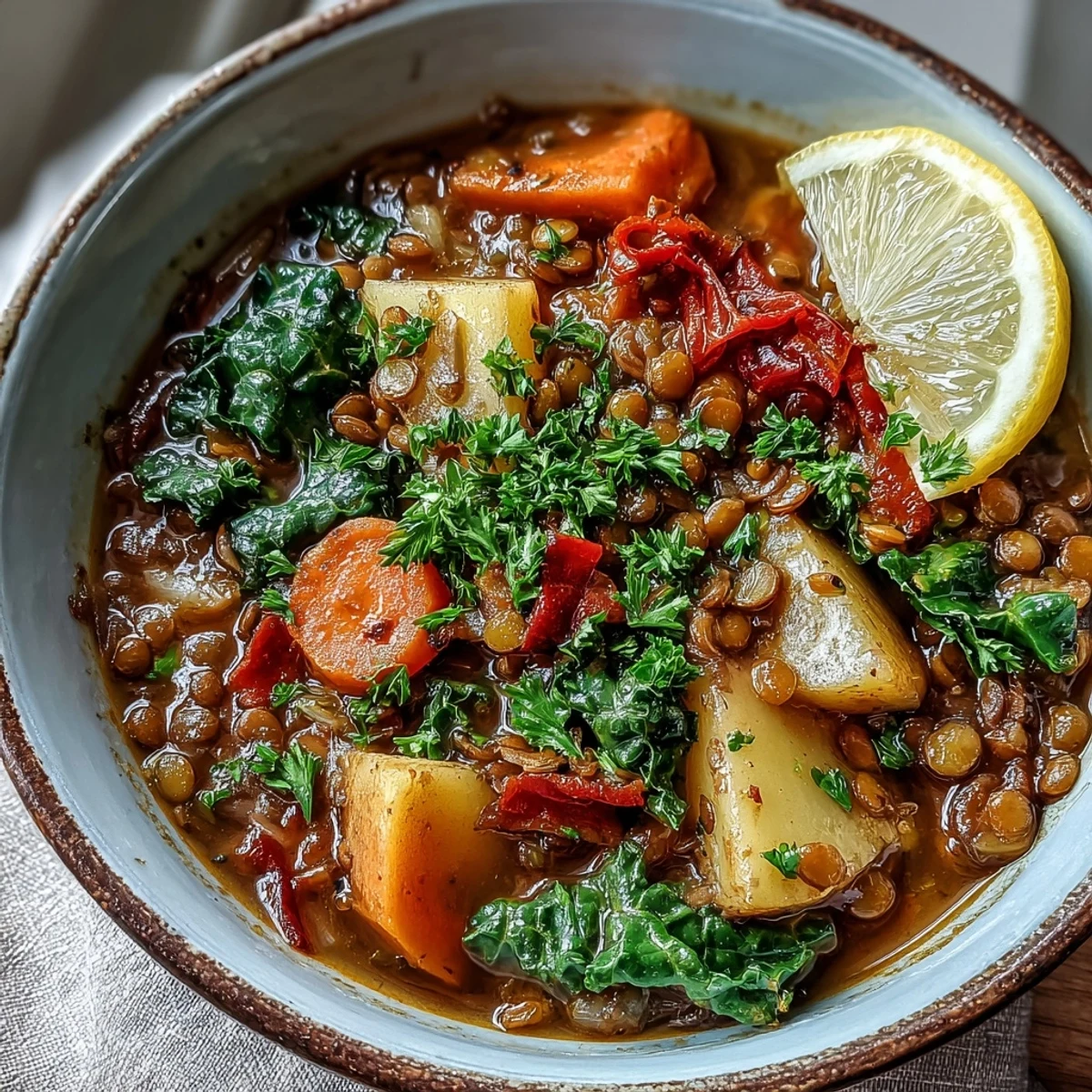 Hearty vegetarian lentil stew simmering in a Dutch oven with vibrant carrots and kale.  