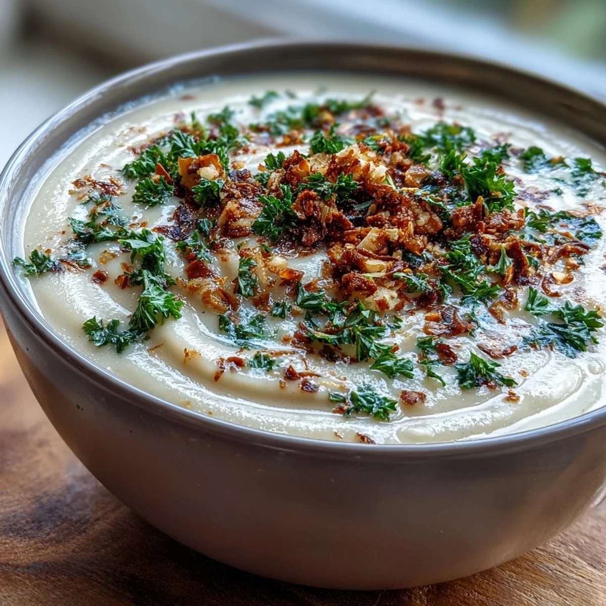 A bowl of creamy celeriac soup topped with crunchy hazelnut crumble, garnished with fresh parsley.