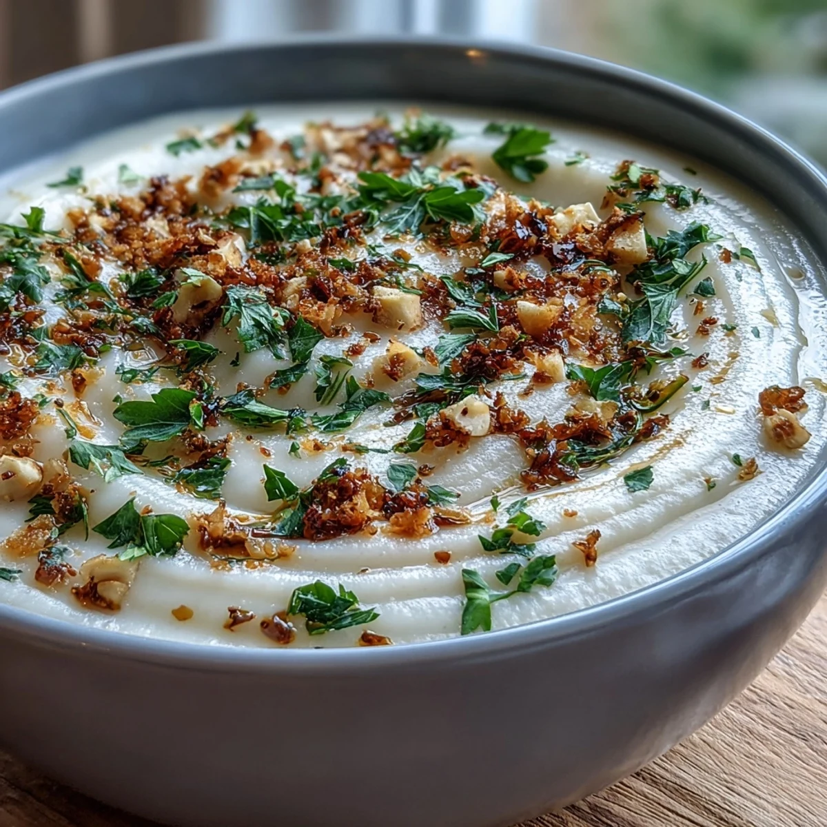 Close-up of velvety celeriac soup with hazelnut crumble, showing its rich, pale texture in a rustic bowl.
