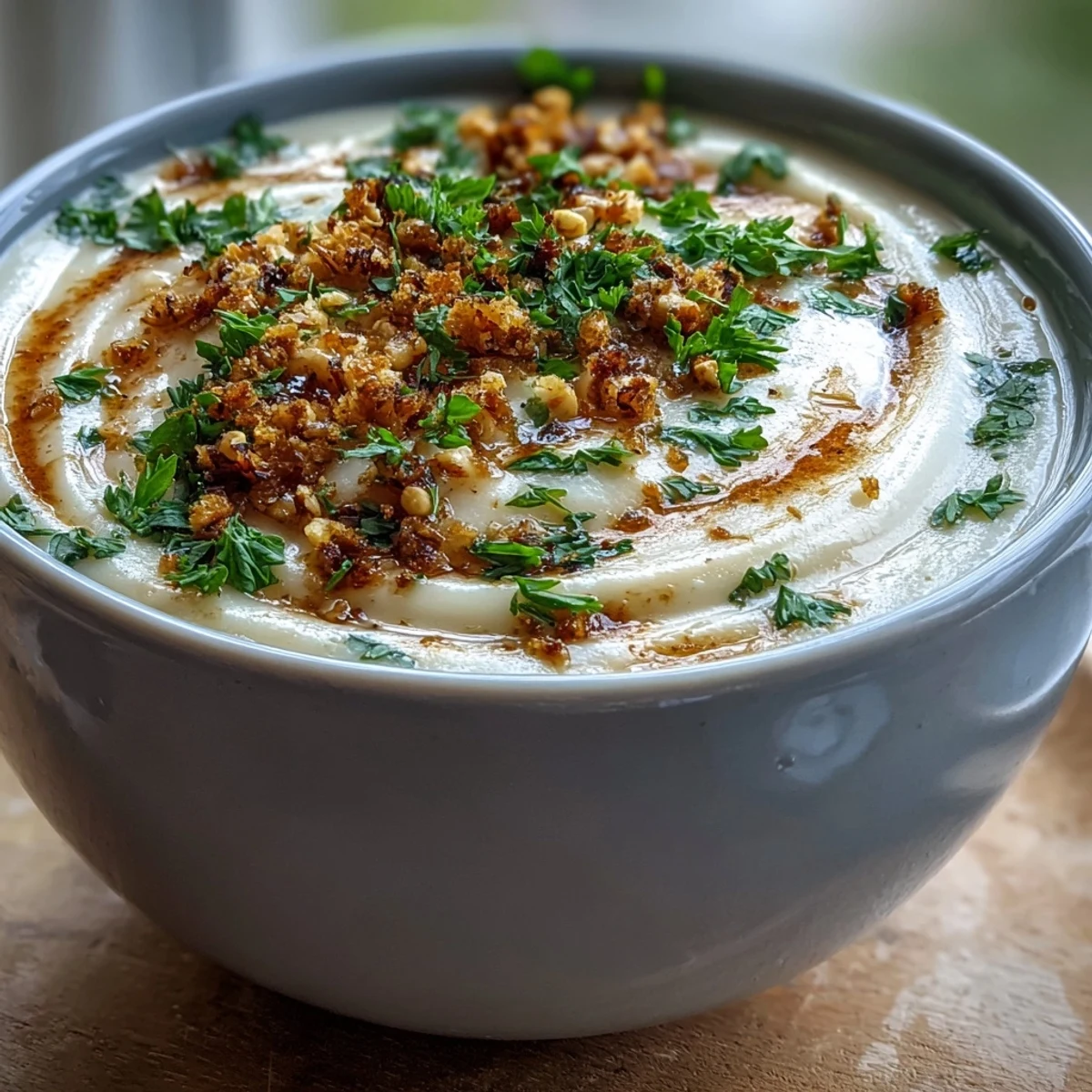 Steaming bowl of roasted celeriac soup with hazelnut crumble, served as a cozy vegetarian main course.