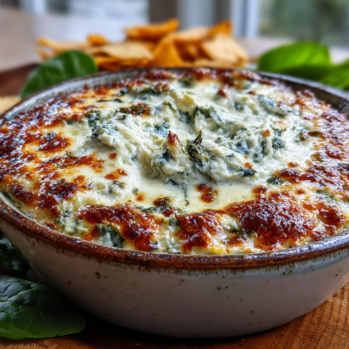 Creamy Spinach Artichoke Dip served warm with toasted baguette slices for dipping. 