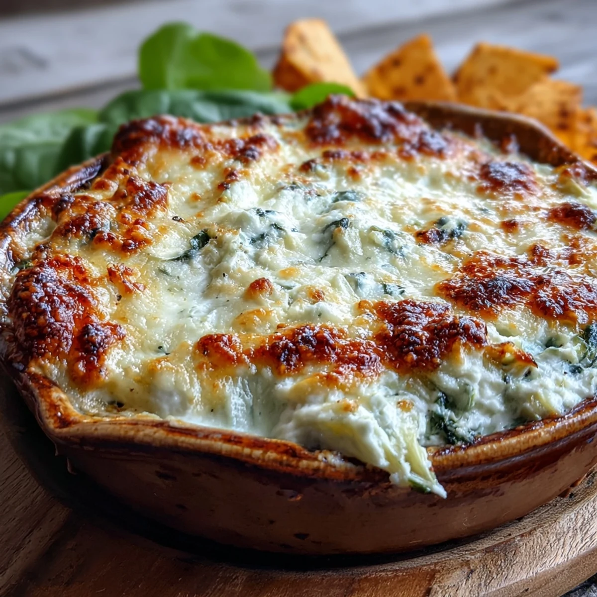 Golden-brown baked Spinach Artichoke Dip topped with melted cheese and fresh parsley.