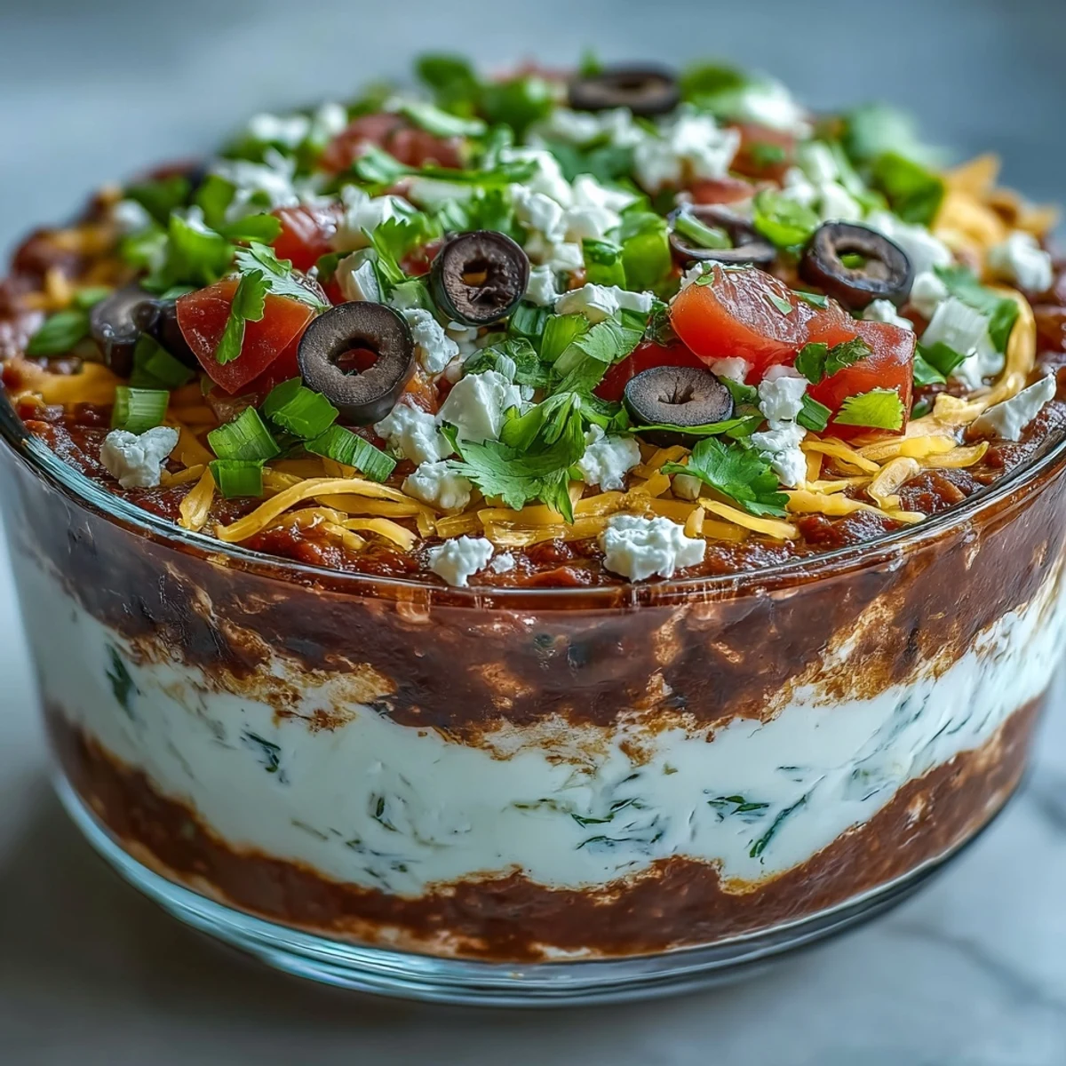 Freshly prepared 4-Way Layered Dip showcases vibrant beans, creamy cheese, chunky salsa, and colorful toppings in a glass dish.