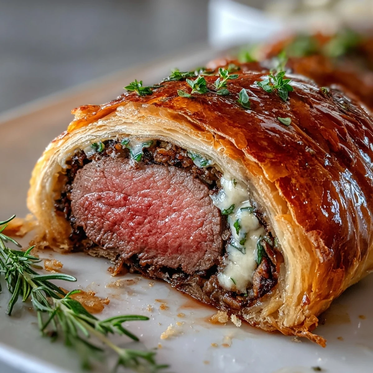 Golden, flaky puff pastry encasing a tender Beef Wellington on a rustic wooden board.