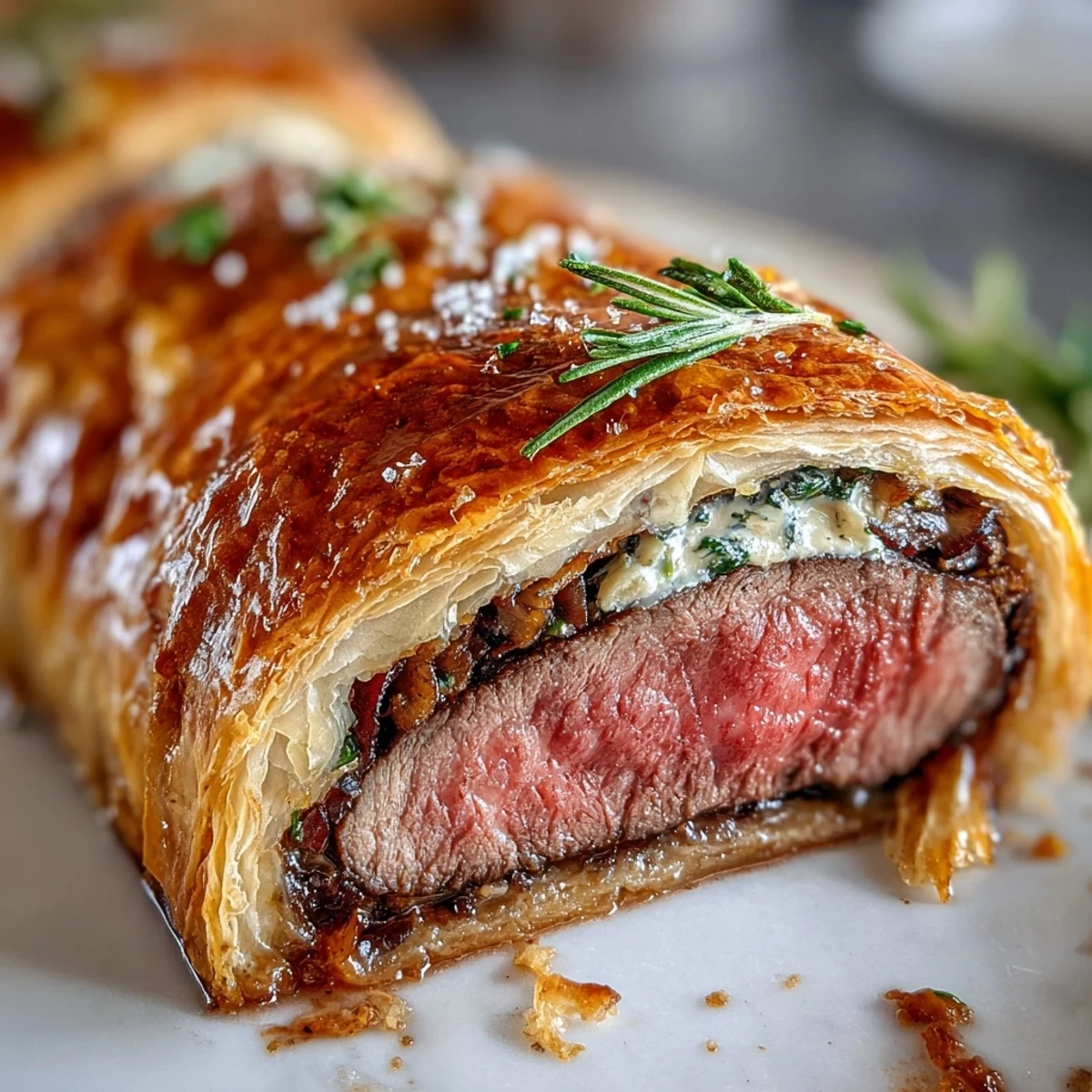 Perfectly baked Beef Wellington served sliced with roasted potatoes and fresh thyme garnish.