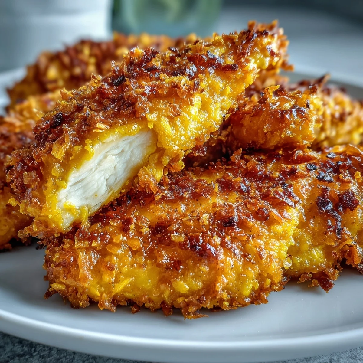 Freshly baked Turmeric Chicken Tenders piled high on a wire rack, showing off their bright yellow spice coating.