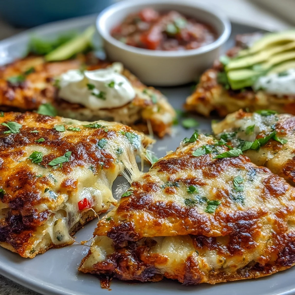 Golden-baked Blooming Quesadilla Ring with melted cheese and black beans, served with salsa and sour cream.