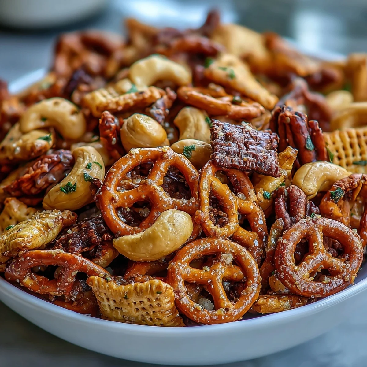 Golden-brown Everything Ranch Cheese and Pretzel Snack Mix on a rustic wooden board, packed with crunchy pretzels, cashews, and savory rye chips for party snacking.
