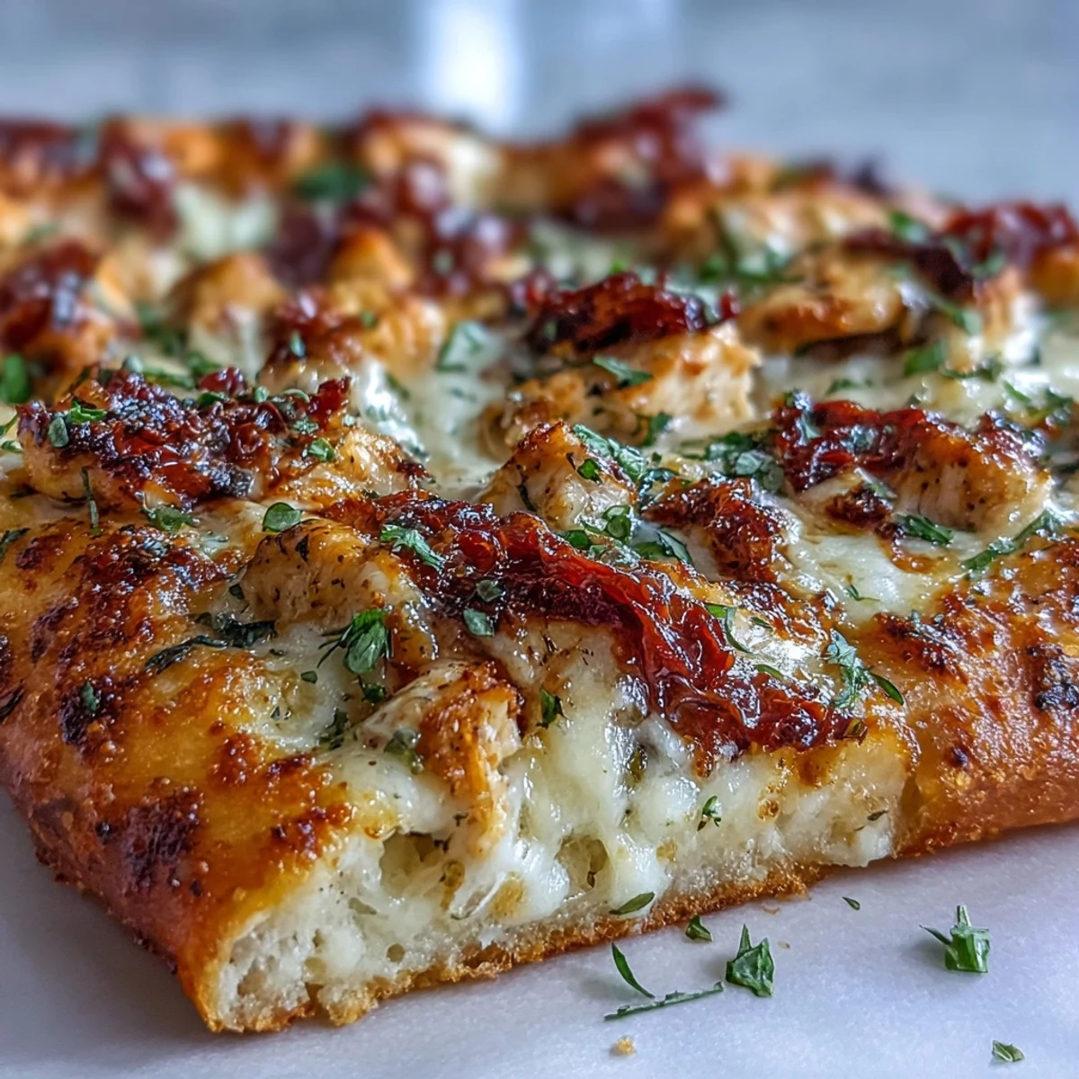 Sliced Marry Me Chicken pizza on a wooden board, ready for serving with extra basil and Parmesan.