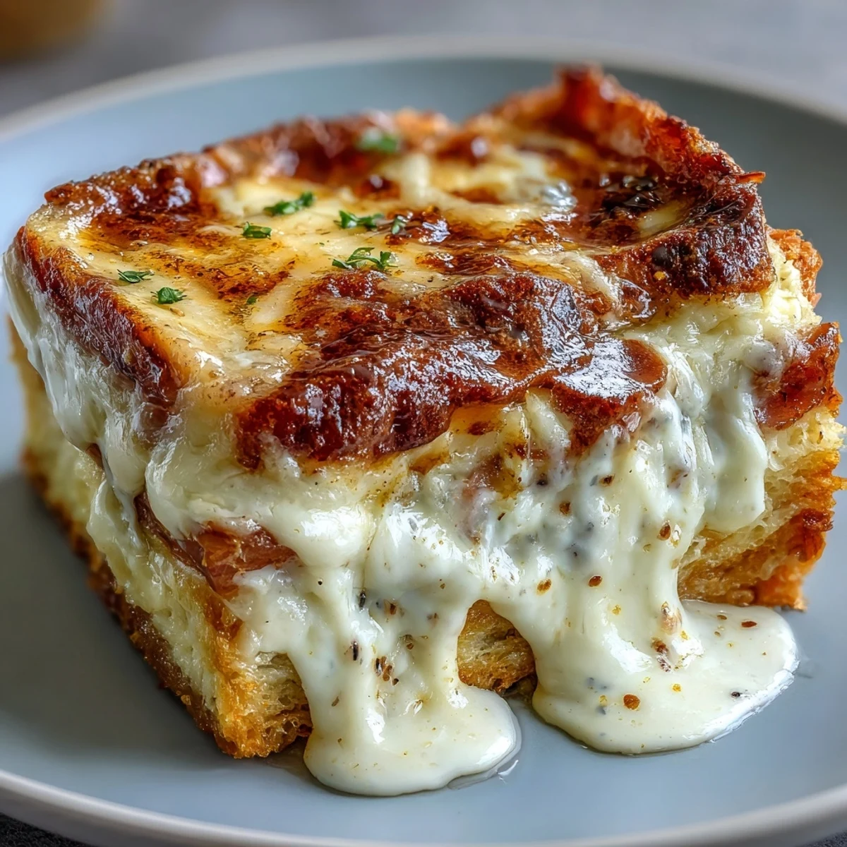 Golden-brown, puffed Croque Monsieur Casserole fresh from the oven with bubbly Gruyère cheese topping.