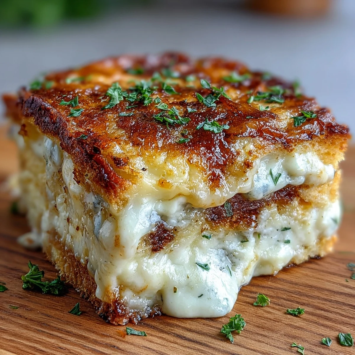 Serving slice of rich Croque Monsieur Casserole with fresh greens for a French-inspired dinner.