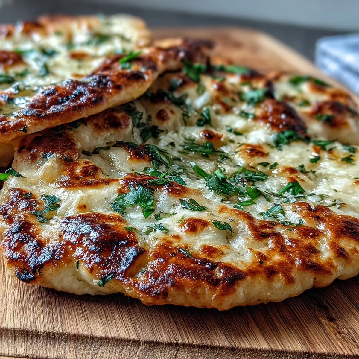 Warm, fluffy The Best Easy Garlic Naan Bread on a plate, perfect for scooping up curry.