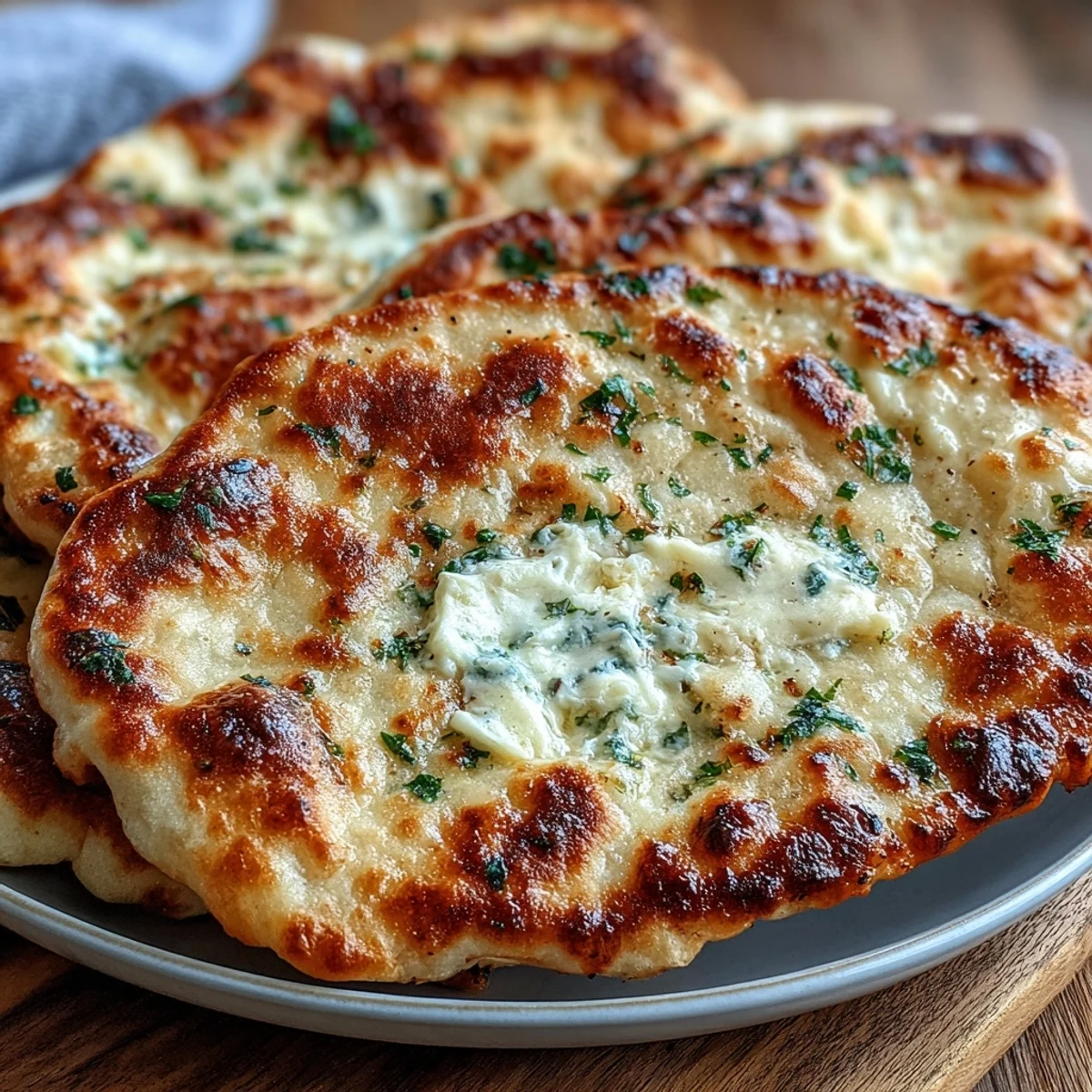 Golden, bubbly The Best Easy Garlic Naan Bread resting on a wooden board next to a skillet.