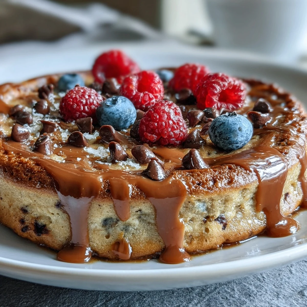 Golden-brown Baked Protein Pancake Bowl with melted chocolate chips, served warm in a ceramic ramekin.