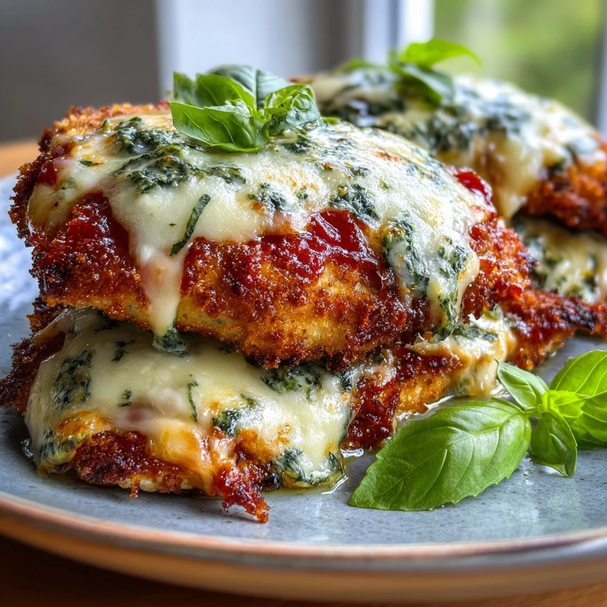 Golden-brown breaded chicken breasts topped with marinara sauce and melted mozzarella for Pesto Chicken Parmesan.