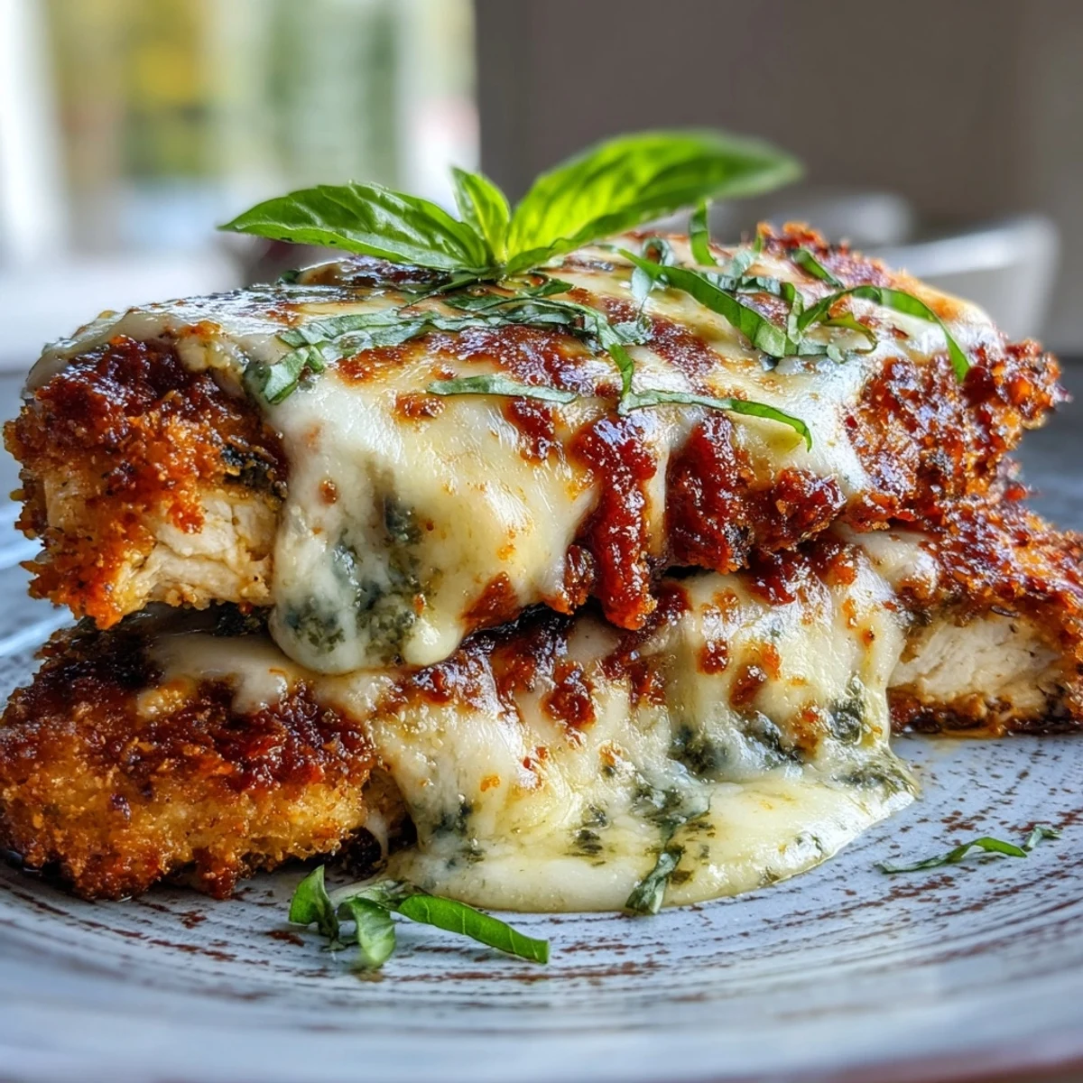 Pesto Chicken Parmesan baked with bubbly mozzarella and Parmesan cheese, ready to serve over pasta.