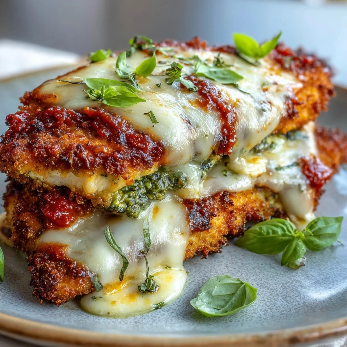 Juicy Pesto Chicken Parmesan with fresh basil pesto, golden crust, and marinara sauce on a plate.