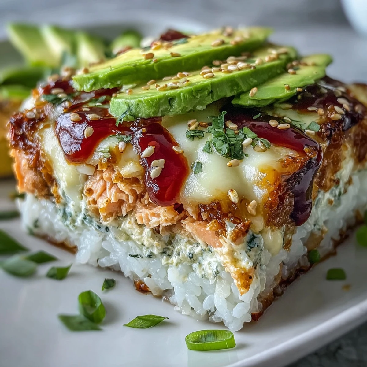 Sizzling, freshly baked Spicy Salmon Sushi Bake garnished with green onions and sesame seeds, ready to serve.