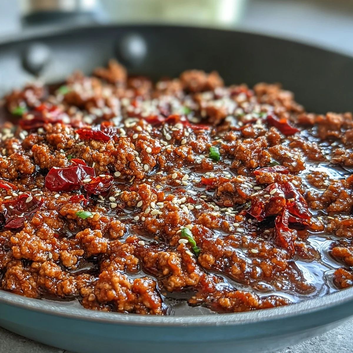 Freshly cooked Korean-Style Ground Turkey is sizzling in a skillet, coated in a glossy, spicy-sweet sauce with flecks of red chili and chopped green chives. 