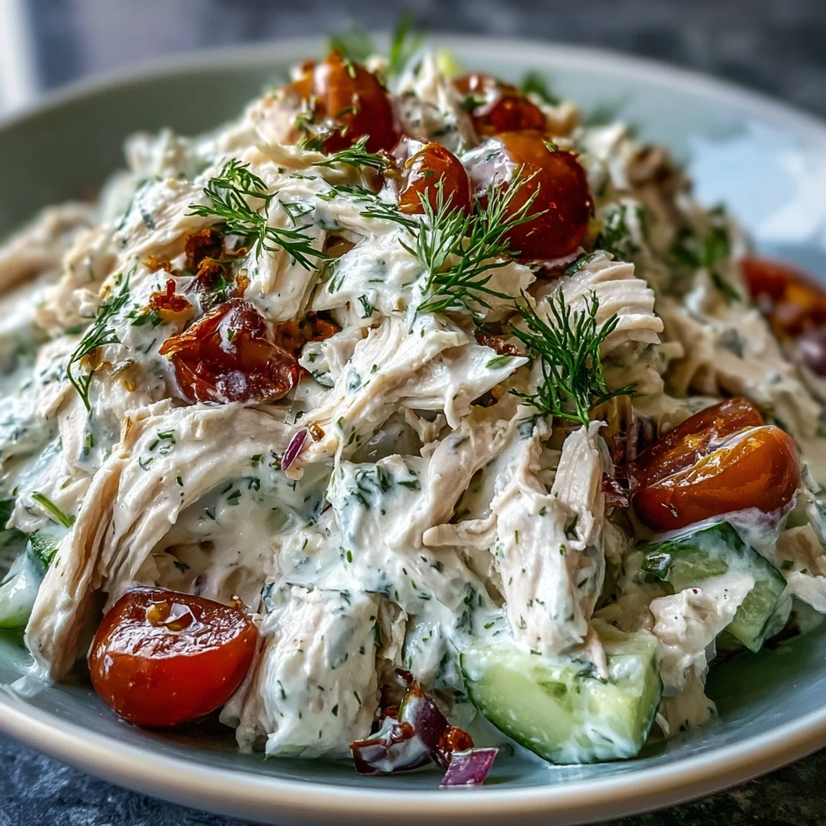 Serve Tzatziki Chicken Salad over spinach with Kalamata olives and avocado for a refreshing gluten-free dinner idea.