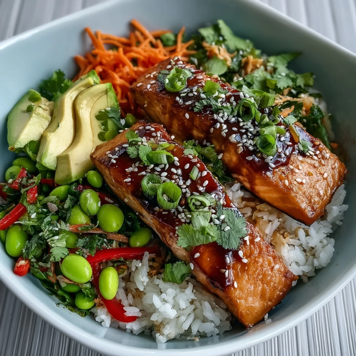 Tender soy-ginger glazed salmon fillet glistens atop fluffy steamed rice in a white bowl, garnished with avocado and green onions.