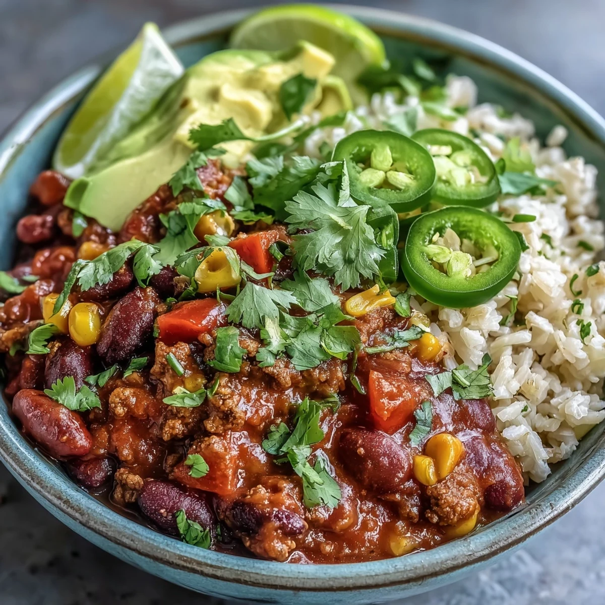 Hearty Chili Bowl Base topped with fresh cilantro and creamy avocado.