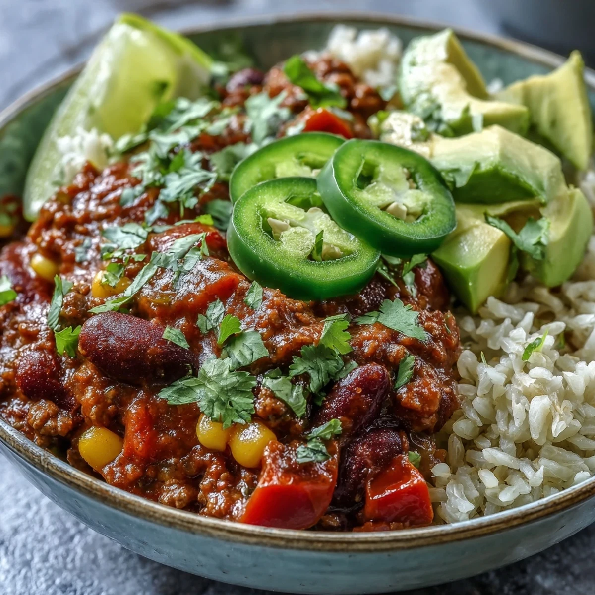 Savory Chili Bowl Base steaming hot, garnished with cheese and green onions.