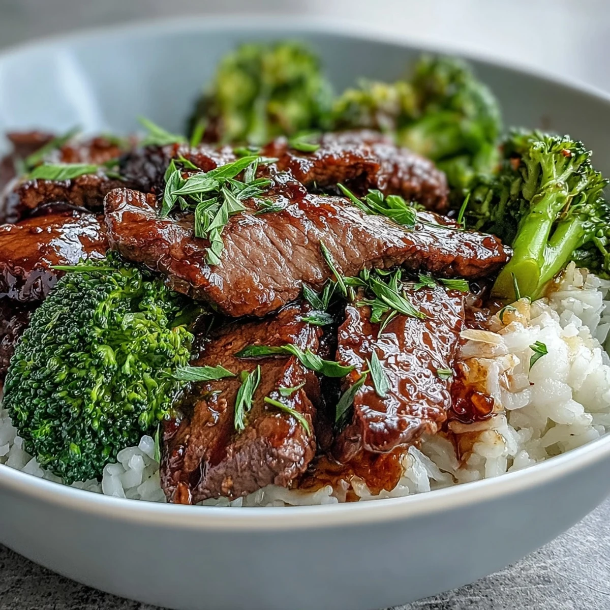A close-up of the Beef and Broccoli Bowl garnished with green onions and sesame seeds.  