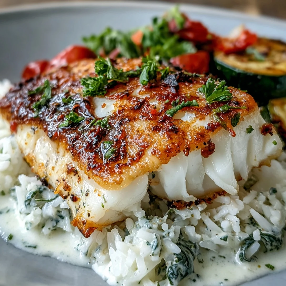 Golden pan-seared fish rests atop fluffy jasmine rice with roasted zucchini and cherry tomatoes, drizzled with lemon sauce.
