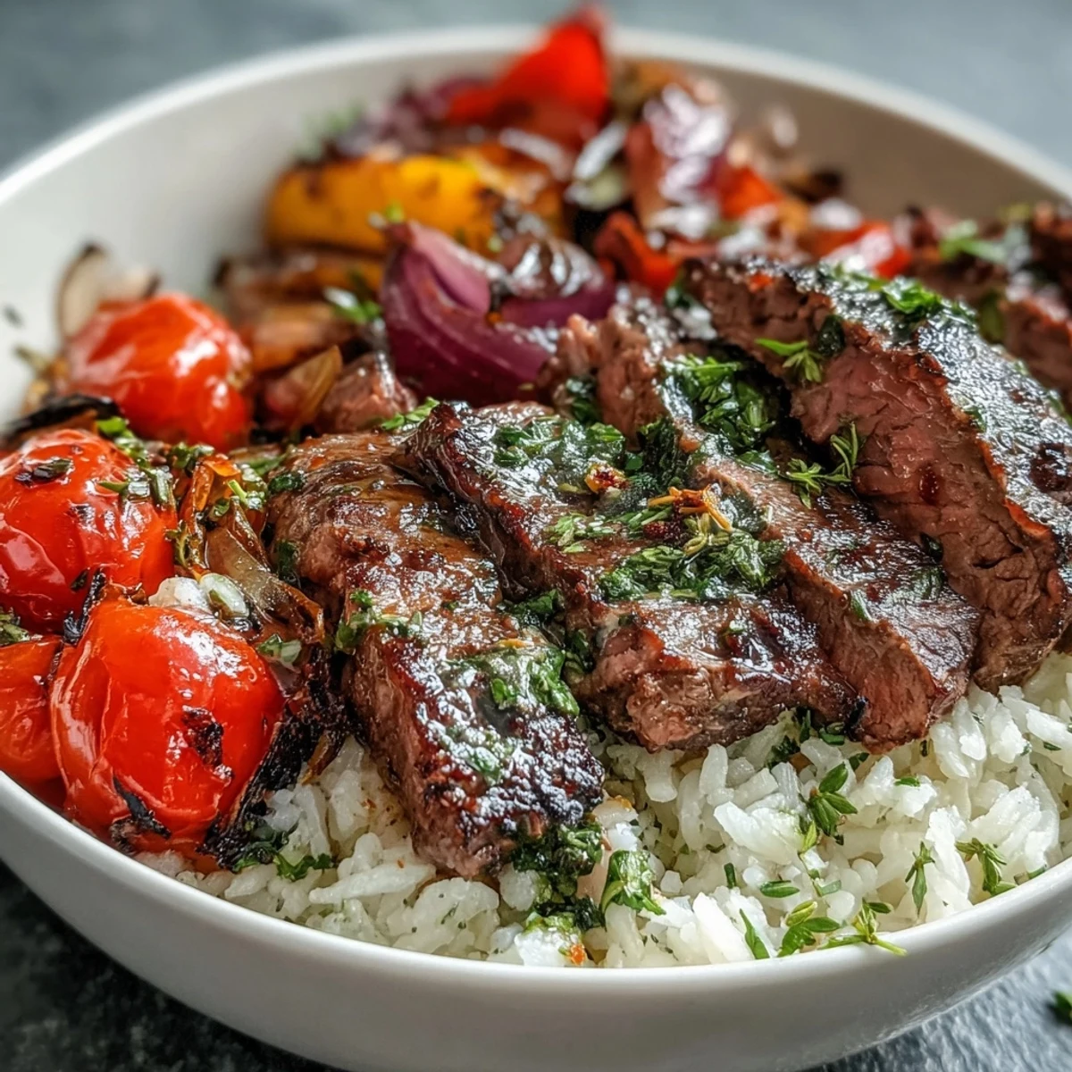 Flavorful Sheet Pan Steak and Veggie Bowl, complete with fluffy rice, ready to serve.