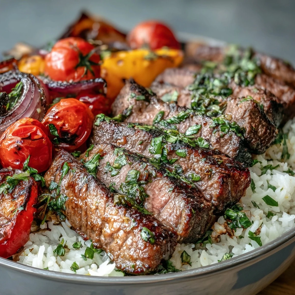 A satisfying Sheet Pan Steak and Veggie Bowl, showcasing caramelized veggies and tender steak on a sheet.