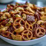 Golden-brown Everything Ranch Cheese and Pretzel Snack Mix on a rustic wooden board, packed with crunchy pretzels, cashews, and savory rye chips for party snacking.