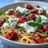 Creamy burrata crowns this Summer Caprese Pasta with torn basil and cherry tomatoes.