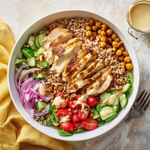 Golden roasted chicken slices and crispy chickpeas top a bed of vibrant farro and fresh greens in this nourishing Lemon Tahini Chicken Power Bowl.
